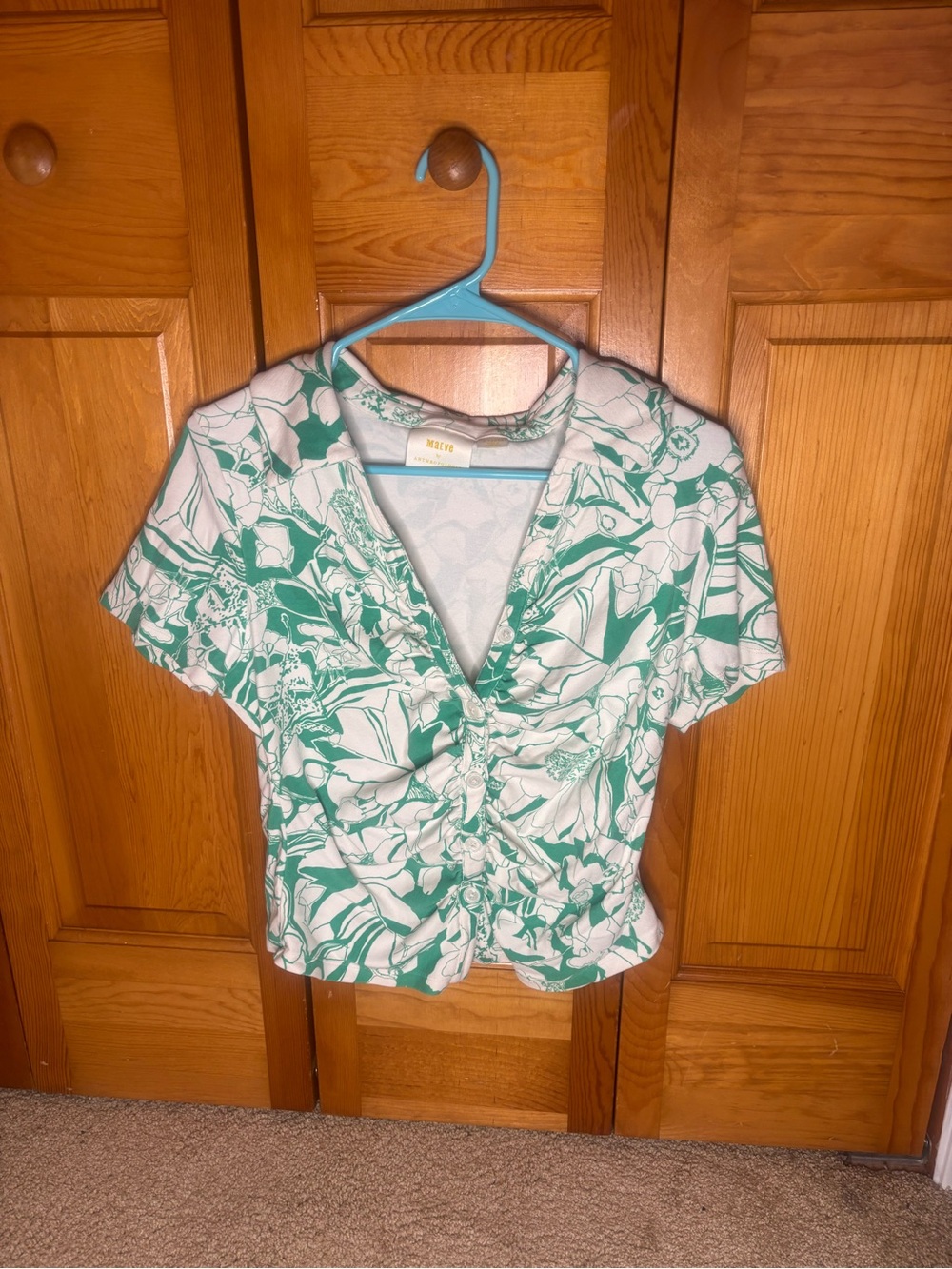 Maeve Green and White Floral Ruched Button-Front Top